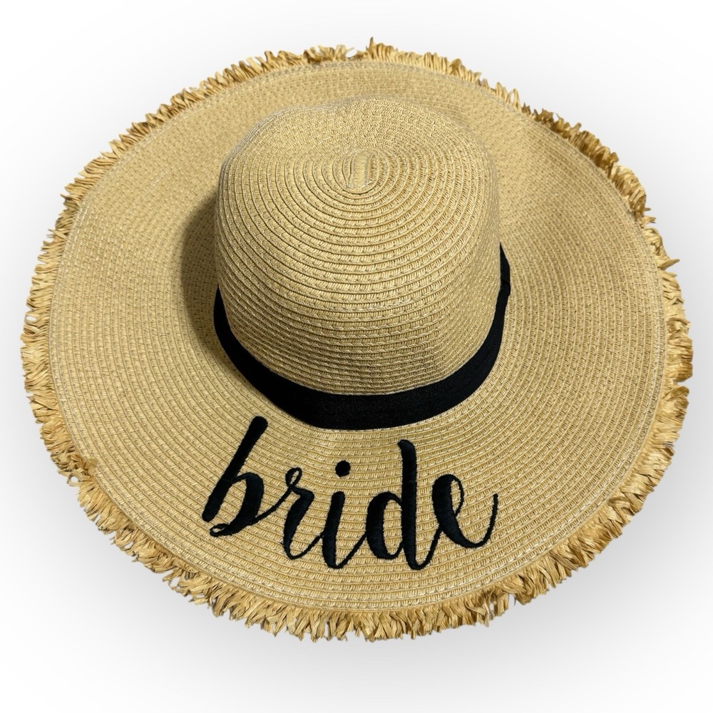 C.C Bride Straw Hat Natural Paper Wide Brim Fringes Honeymoon Bachelorette Party